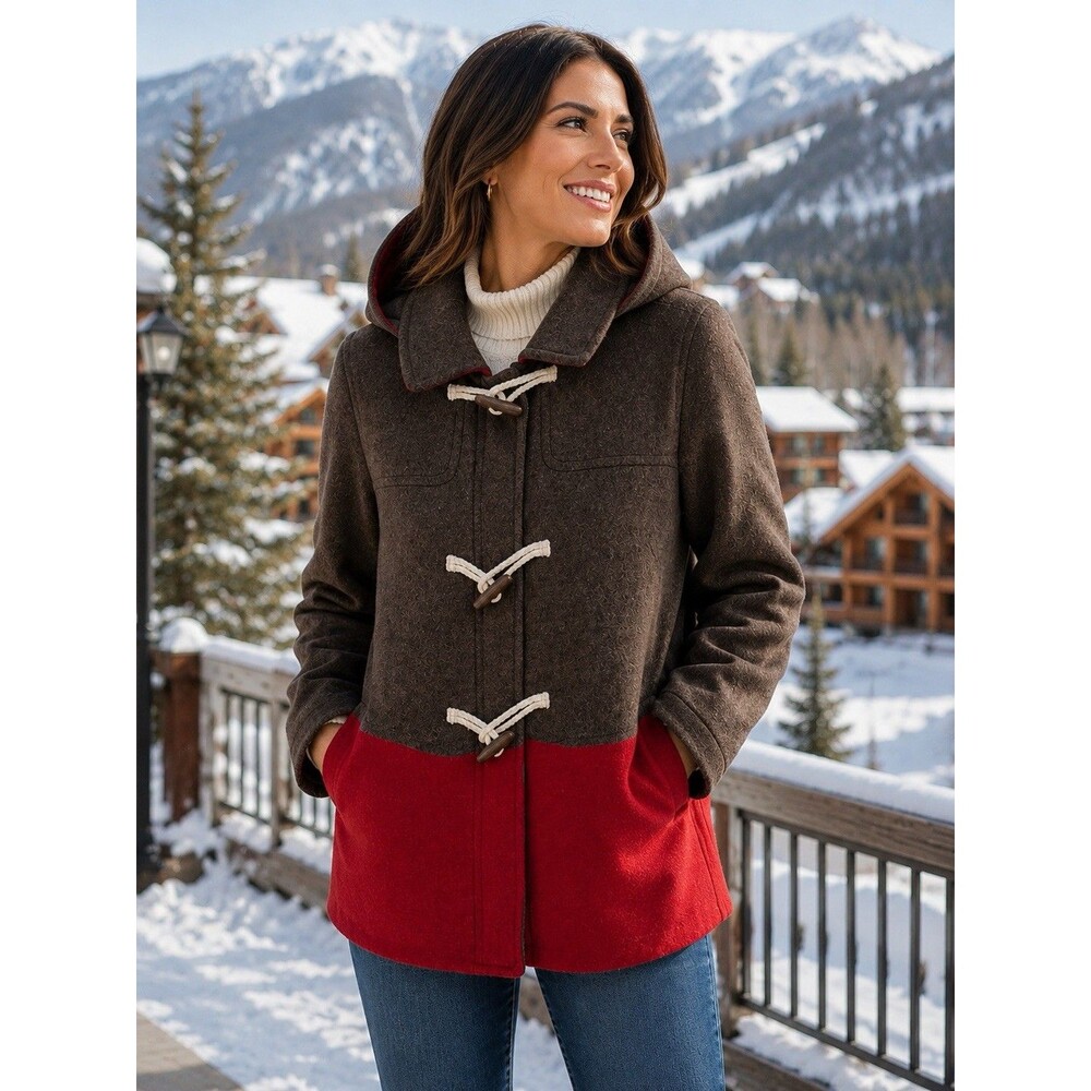 Old Navy Womens Wool Coat Hooded XL Brown Red Colorblock  Zip Toggle Jacket